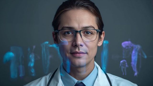 Doctor studying holographic medical data wearing glasses and stethoscope