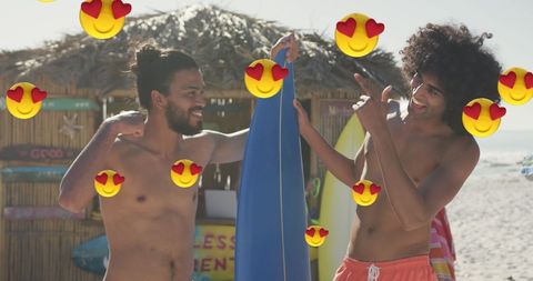 Friends Enjoying Beach Surfing Amid Digital Love Expression