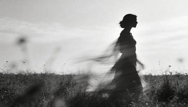 Silhouette woman walking through windswept meadow with flowing dress and motion blur