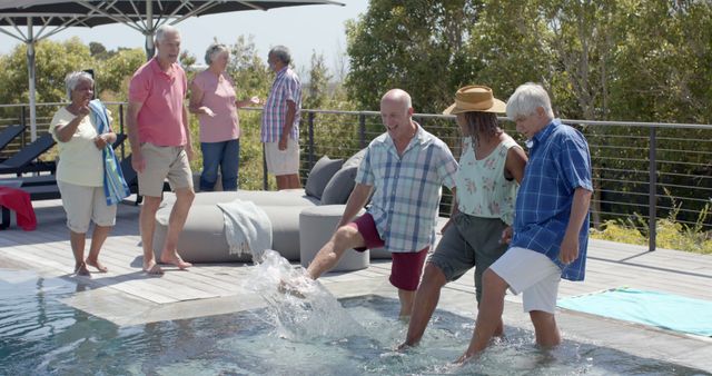 Senior Friends Enjoying Pool Party Outdoors on Sunny Day - Download Free Stock Images Pikwizard.com