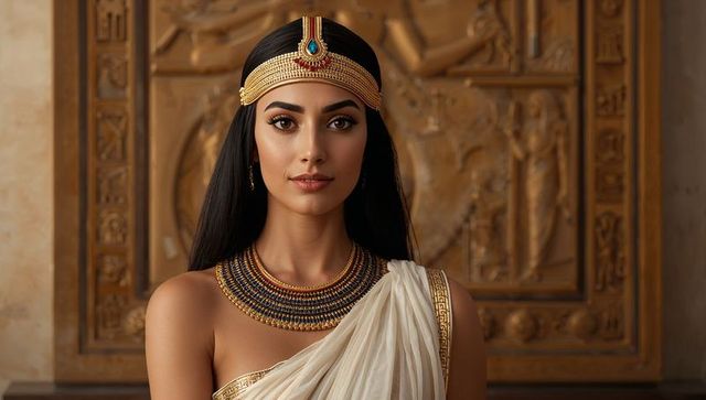 Majestic Woman in Ancient Temple with Necklace