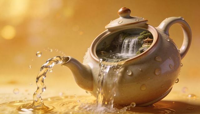 Ceramic teapot pouring miniature waterfall landscape with pagoda and flowing stream