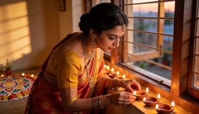 Indian woman lighting clay diyas by window in saree at diwali dusk