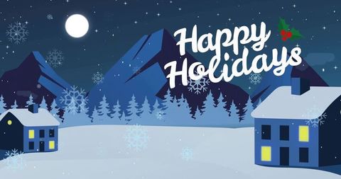 Moonlit snowy village with happy holidays script and holly accent for winter greeting