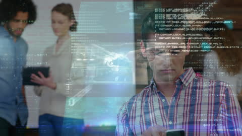 Team Analyzing Data with Futuristic Digital Interface Overlay