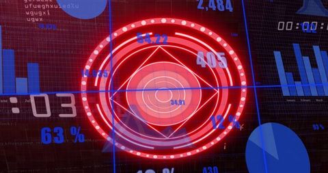 Displaying red neon hud target with diamond overlay, crosshair and analytics graphics