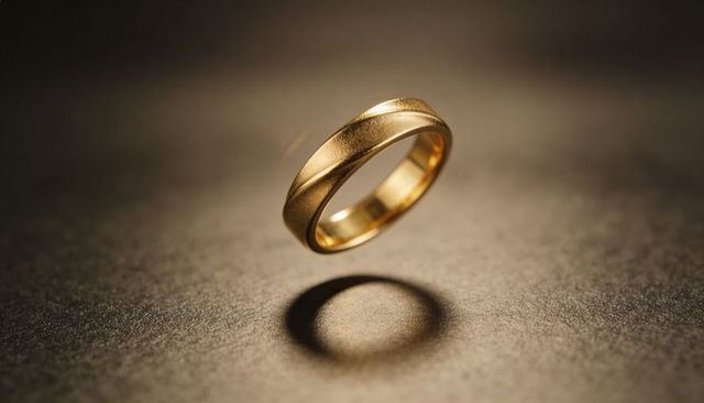 Golden Wedding Band Rotating Above Surface with Matte Center and Polished Edges