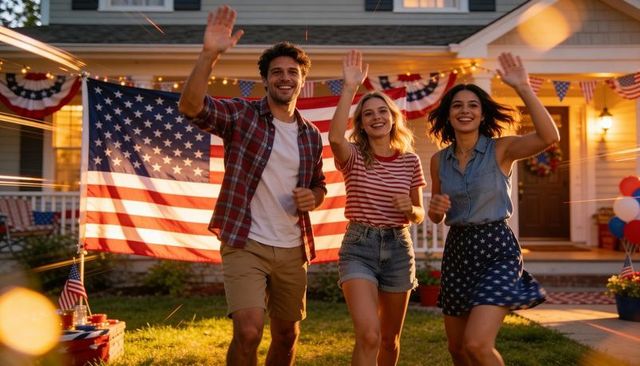 Friends celebrating fourth of july on suburban lawn waving american flag at dusk