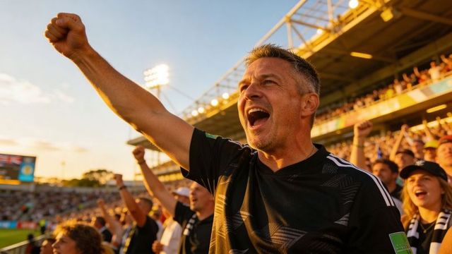 Passionate fan raising fist and shouting amid sunlit stadium crowd during thrilling match