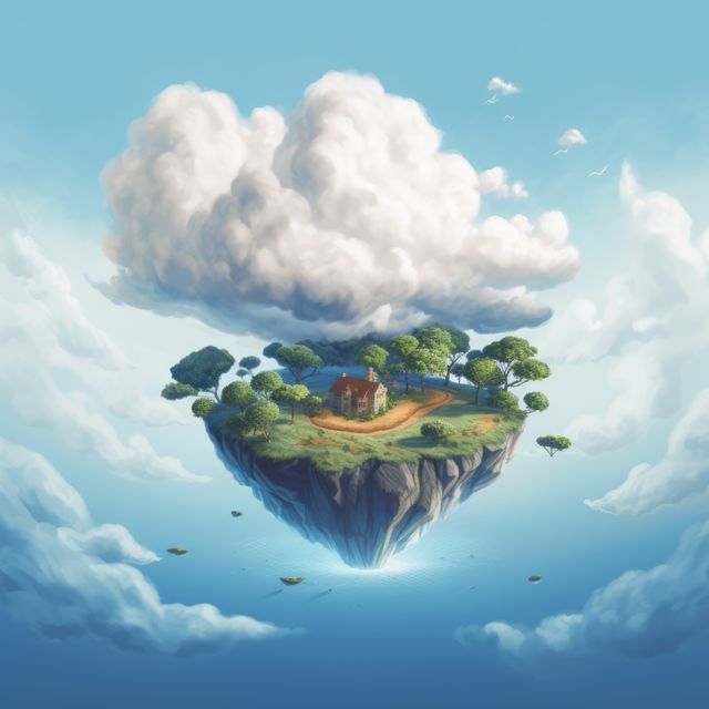 A surreal floating island featuring a small house with trees and greenery under a cloud. The island floats surrounded by bright blue sky and clouds, evoking a sense of magic and fantasy. Perfect for use in fantasy book covers, adventure game designs, or whimsical artwork for children's stories.