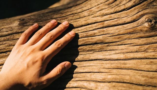 Hand pressing on weathered wood plank showing grain and natural texture