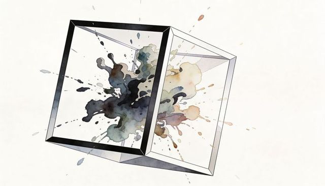Floating Transparent Cube Housing Bursting Watercolor Ink Splash in Minimalist Abstract Composition