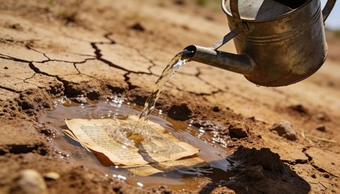 Vintage manuscript being wetted by watering can on cracked desert soil — drought revival