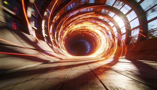 Glowing vortex tunnel pulling light through futuristic spiral corridor with wooden floor