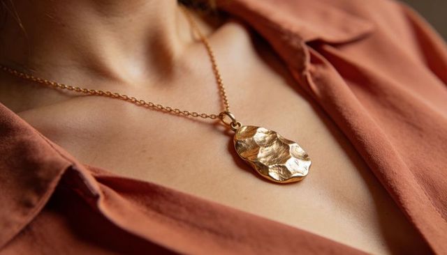 Wearing hammered gold pendant necklace on open-collar rust blouse close-up