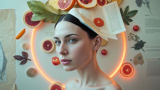 Surreal portrait with book and fruits against glowing backdrop