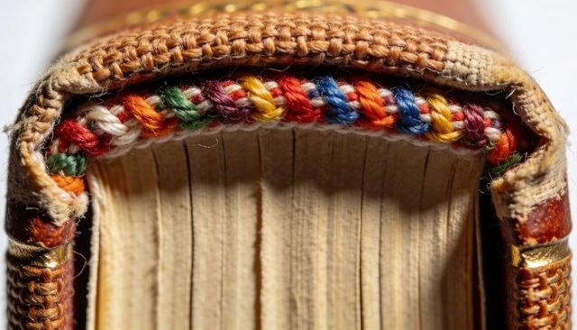 Handbound leather book close-up featuring colorful braided endband and gilded spine