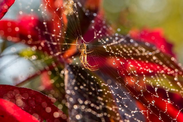 Macro photo of a spider resting on a dew-covered web amidst vibrant red leaves. Highlights natural beauty and intricate details. Ideal for nature themes, educational purposes about arachnids, or autumn visuals. Use in blogs, websites, slideshows, or magazines focused on nature photography, wildlife, and seasons.