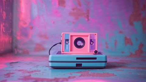 Retro Instant Camera with Magenta Neon Lighting for Creative Concepts