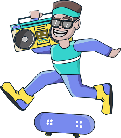 Cartoon Man Jumping with Boombox on Skateboard, Transparent Background