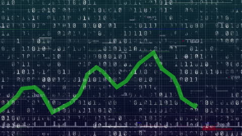 Binary Code with fluctuating green line indicating data trends
