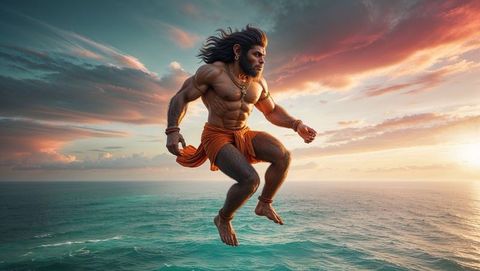 Mythical warrior leaping over ocean at vibrant sunset