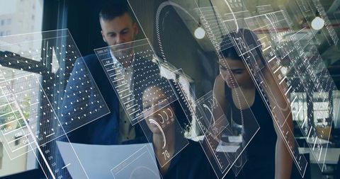 Team Collaborating with Holographic AR Data Interfaces in Office