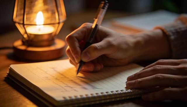 Lantern-Lit Handwriting: Pen on Spiral Notebook at Wooden Desk Creating Cozy Nighttime