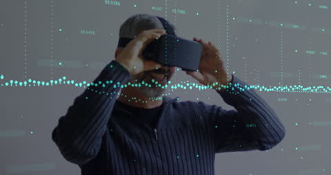 Man Using VR Headset with Data Analytics Overlays