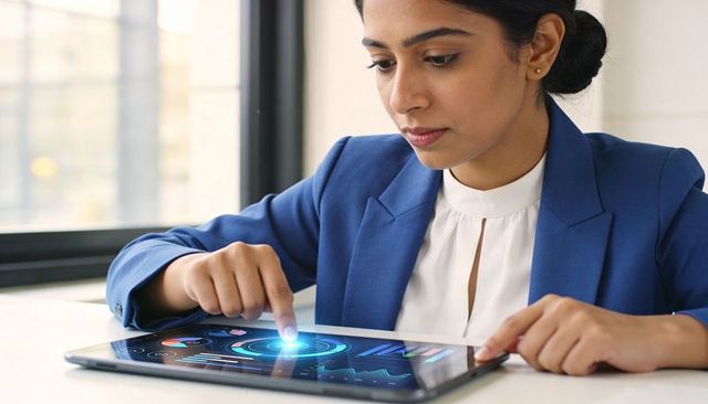 Indian businesswoman tapping holographic analytics dashboard on tablet in modern office