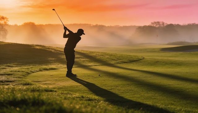 Silhouetted golfer swinging at sunrise on misty fairway with long shadow and club