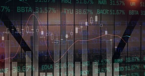 Stock market data analysis overlooking urban cityscape