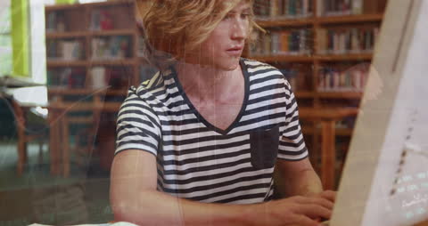 Student Concentrating on Laptop with Financial Data Overlay