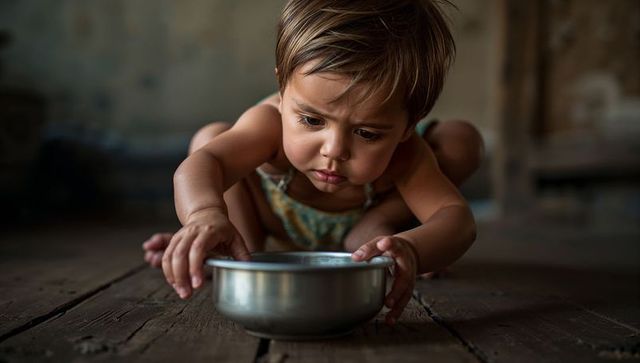 Crouching toddler reaching stainless-steel bowl on rustic wooden floor, curious focus
