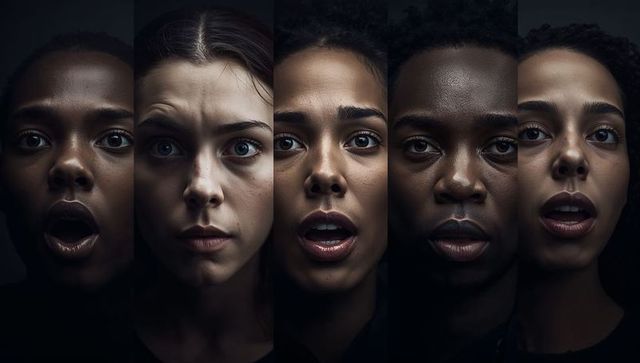 Five dramatic close-up portraits showing shock and tension in high-contrast panel layout