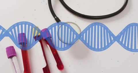 DNA Strand Overlay on Blood Samples with Stethoscope Symbolizing Medical Research