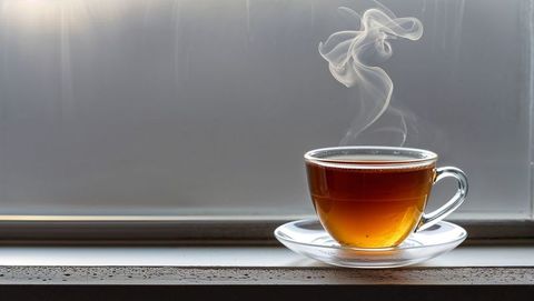 Steaming Glass Cup of Tea on Rustic Wooden Windowsill