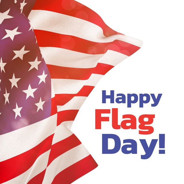 Digital composite image of national flag day text by america flag waving against white background. symbolism, patriotism and identity concept.
