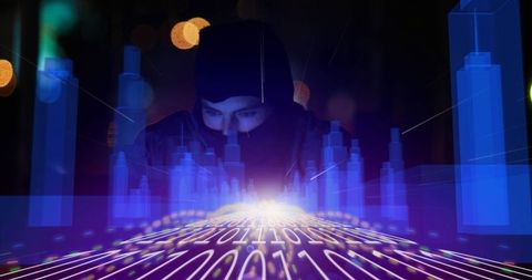 Hacker Analyzing Digital Binary Code in Futuristic Cityscape - Download Free Stock Images Pikwizard.com