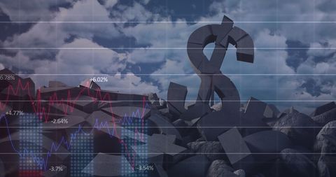 Collapsing dollar symbol with economic graph overlay