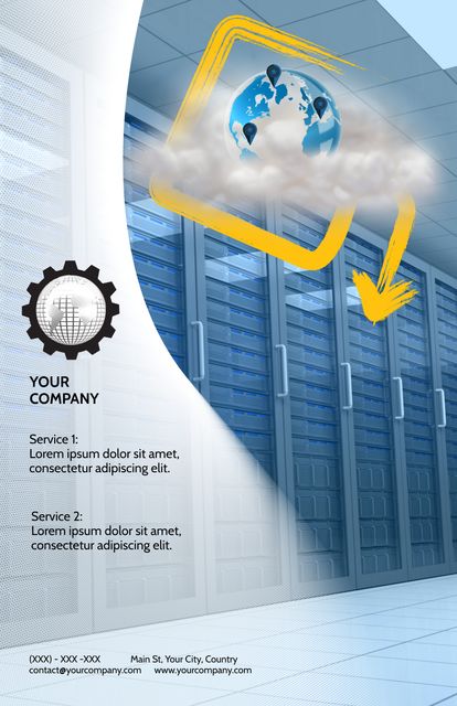 This design is ideal for marketing materials focused on cloud computing and IT infrastructure. Featuring a globe and arrow toward a server rack, it symbolizes modern data transfer and connectivity. Useful for companies looking to highlight their expertise in digital technology and IT solutions.