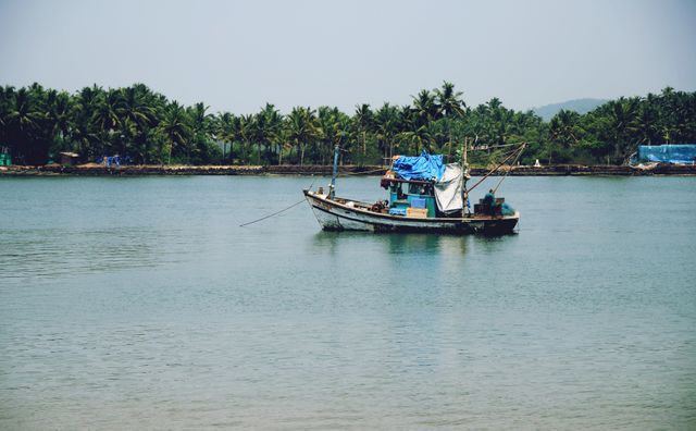 This serene image of a fishing boat on a calm tropical river with lush greenery can be used in travel brochures, vacation websites, or for promoting tropical destinations. It evokes feelings of tranquility, relaxation, and the beauty of nature. Ideal for travel agencies, nature blogs, or advertisements for tropical tourism.