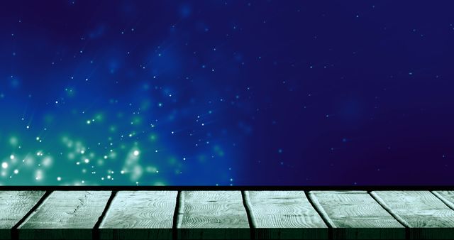 Glowing Lights Over Blue Background with Wooden Surface for Layouts - Download Free Stock Images Pikwizard.com