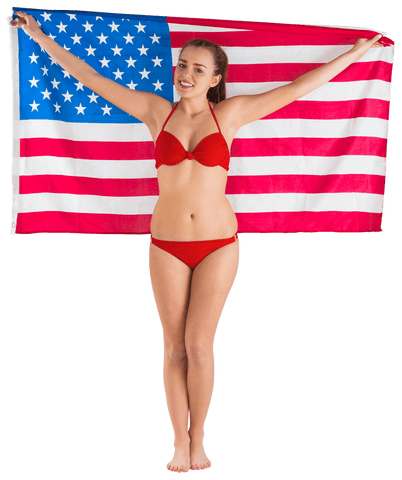Smiling Woman in Red Bikini Holding Transparent American Flag