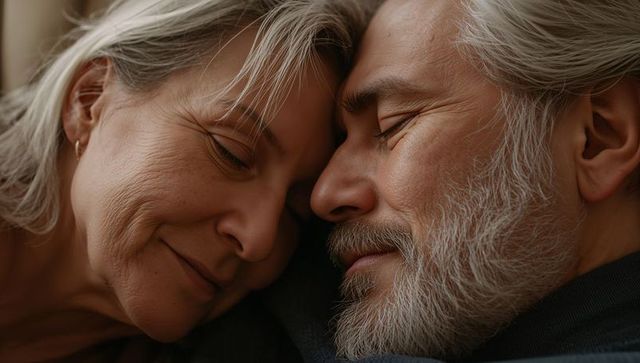 Senior couple sharing tender close embrace, warm intimate closeup portrait of gray-haired love