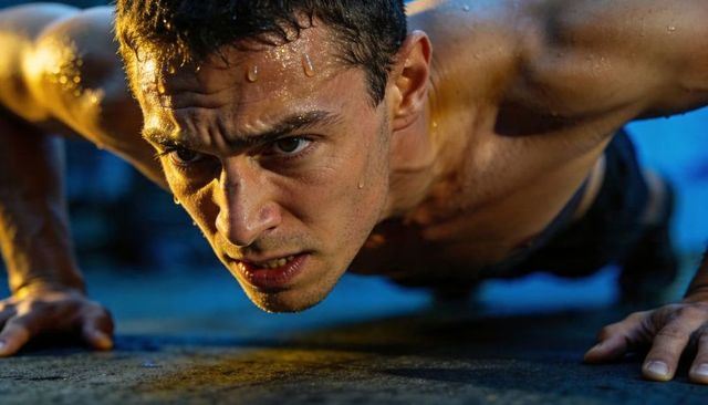 Intense shirtless athlete executing pushup, sweaty closeup capturing focus and strength