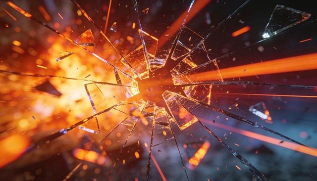 Shattering glass around fiery core with light streaks and flying shards, dynamic explosion