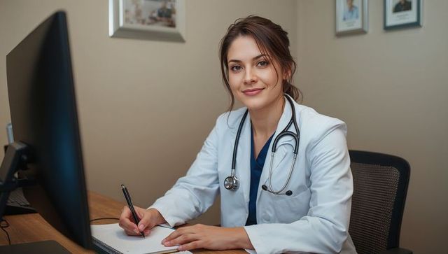 Female doctor writing patient notes and smiling at clinic desk with stethoscope