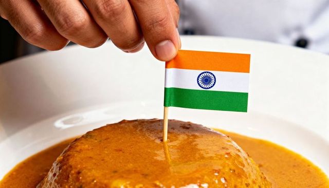 Chef inserting indian flag into glossy curry dumpling on white plate closeup