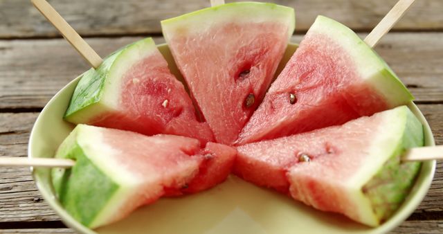 Slices of ripe watermelon are presented on a plate with wooden sticks for easy eating, offering a refreshing summer treat. Watermelon slices are a popular choice for a healthy, hydrating snack on warm days.